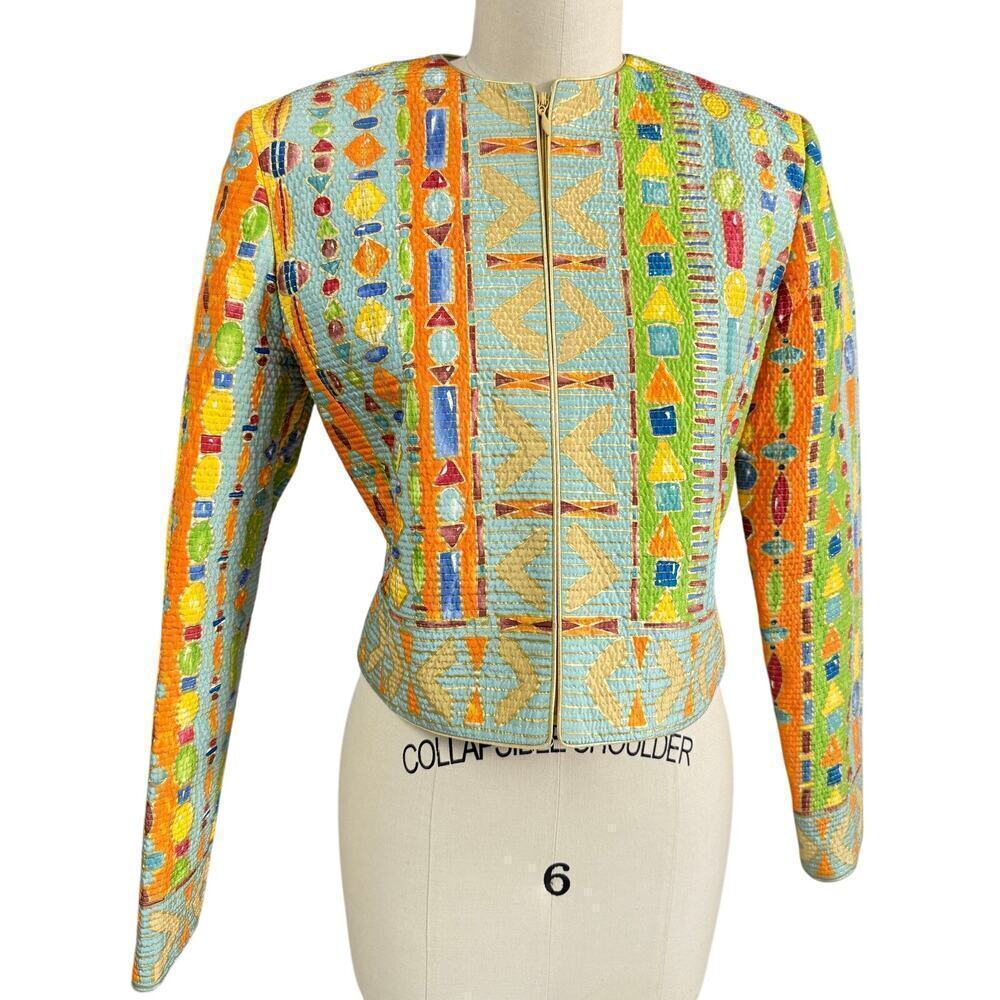 3 PC 80s VTG Carlisle Silk Pant Suit Yellow Geo Jacket +Blue/Green Pants Top S - Picture 3 of 13